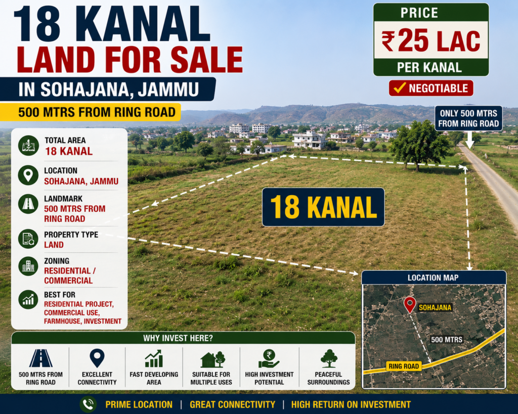 18 kanal land for sale in Sohajana Jammu, 500 mtrs from ring road